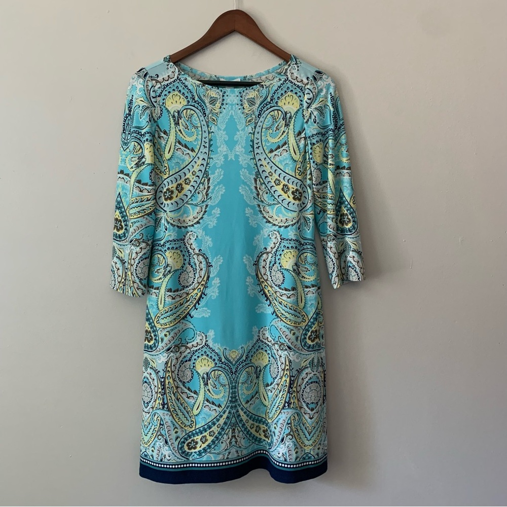 London Times Medallion Paisley Sky Light Blue Sheath Slip On Dress Size 6 Boho